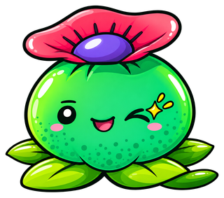 Das Maskottchen von Avalon Magic Plants, ein zwinkernder Kaktus mit Blüte